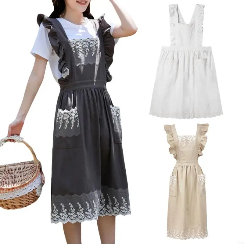 P88A Cotton Linen Lace Trim Ruffle Adjustable Strap Apron for Women Baking Cooking Gardening Work Pinafore Dress with Pockets