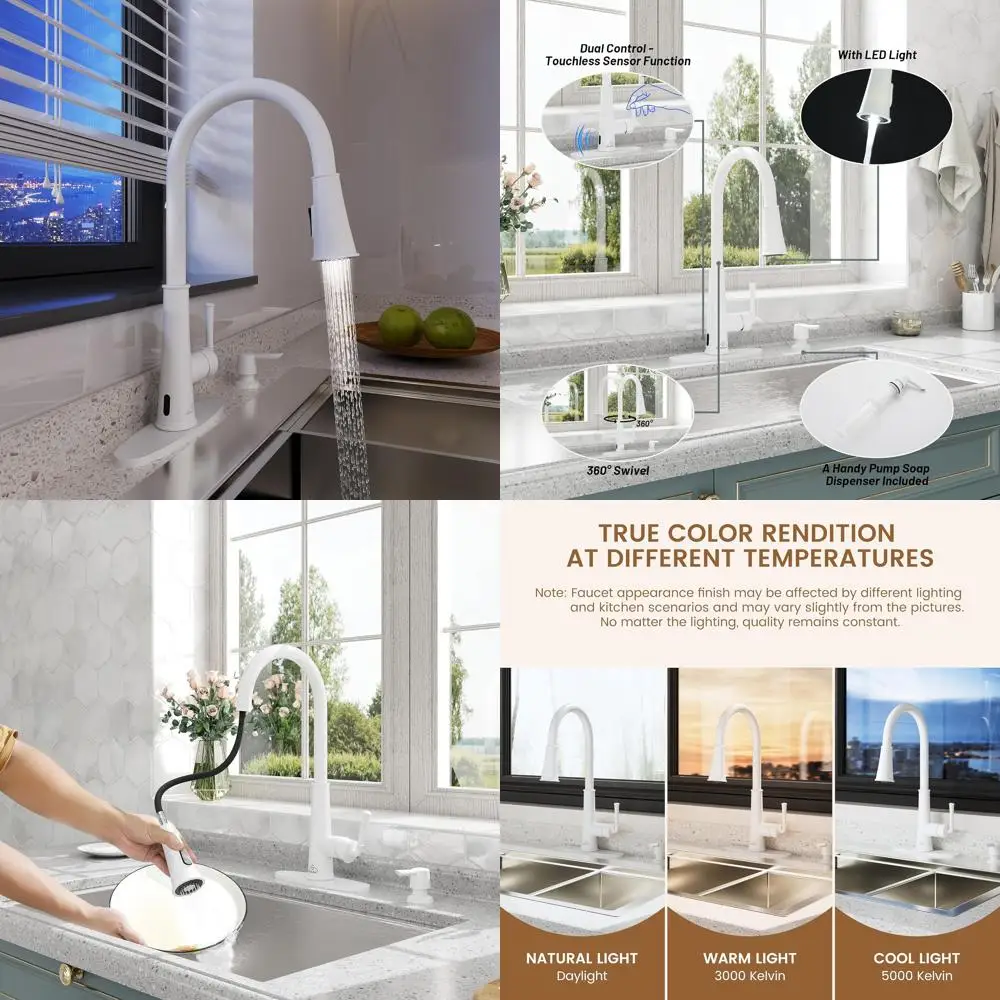 

Touchless Pull-Down Sprayer LED Light Kitchen Faucet with Soap Dispenser, Matte White, Single Handle, Modern Touchless Technolog