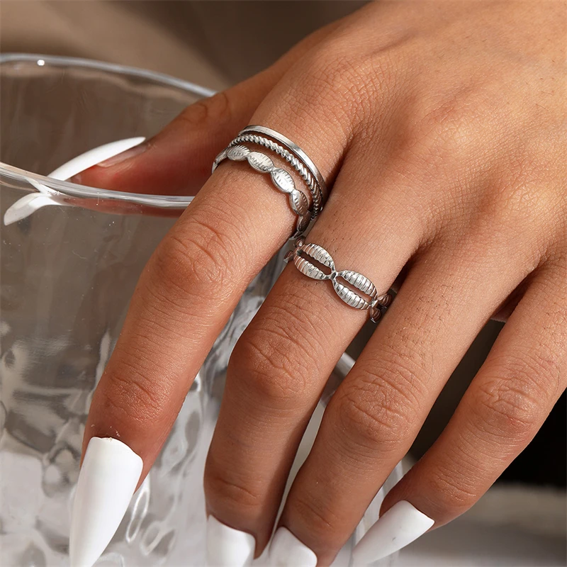 Stainless Steel New Fashion Fine Waterproof Jewelry 2 Pieces/Set Opening Adjustable Size Oval Seashell Shape Rings For Women