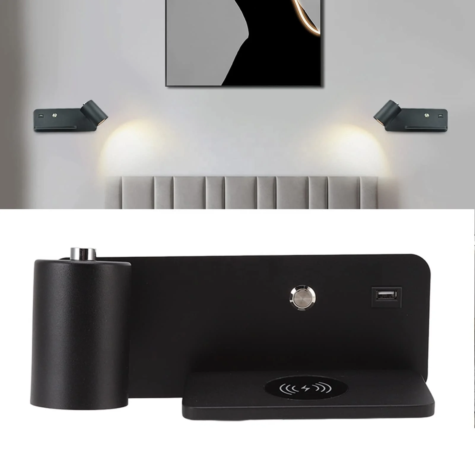 LED Wall Sconces with Wireless Charger USB Rechargeable Reading Light Bedside Wall Light Rotatable Wall Lamp