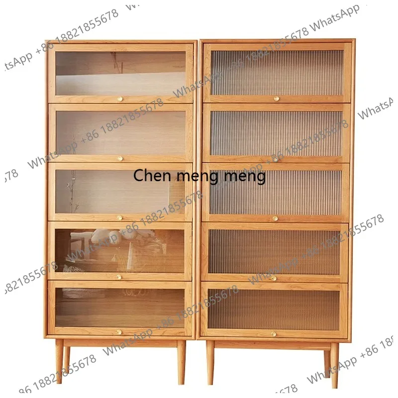Nordic Modern Minimalist Solid Wood Flip Door Glass Wine Cabinet Home Study Floor Bookshelf