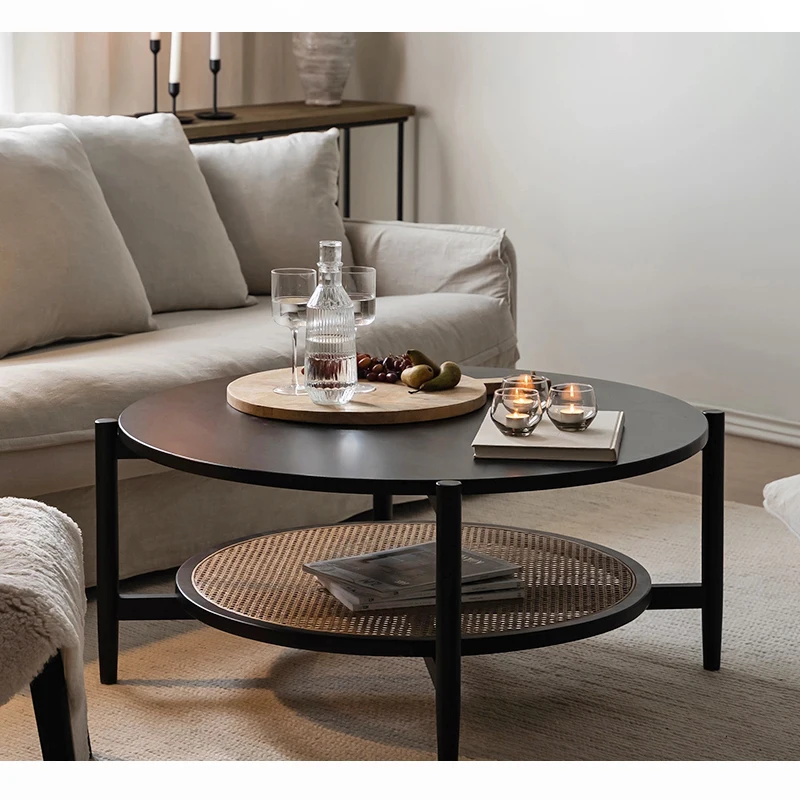 

small apartment living room household black solid wood edge few round Japanese minimalist medieval log style American retro