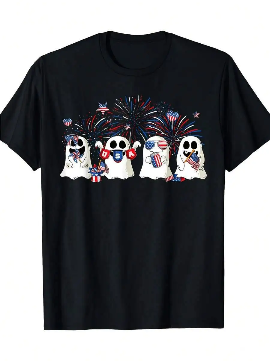 Men's Cute Ghosts T-Shirt Featuring The American Flag - A 4Th Of July Independence Day Shirt With Fireworks, Made From 100%