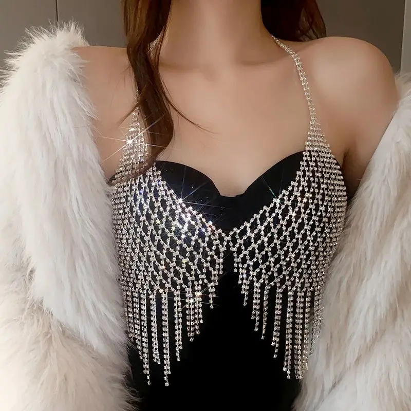 Diamond tassel style chest chain  suitable for attending fashion banquets with European and American style girls