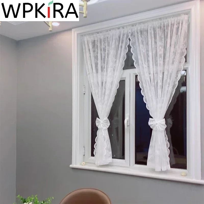 Korean Wavy White Lace Short Curtain Tulle for Kitchen Coffee Half-curtain Living room Patio Garden Door Window Partition Drapes