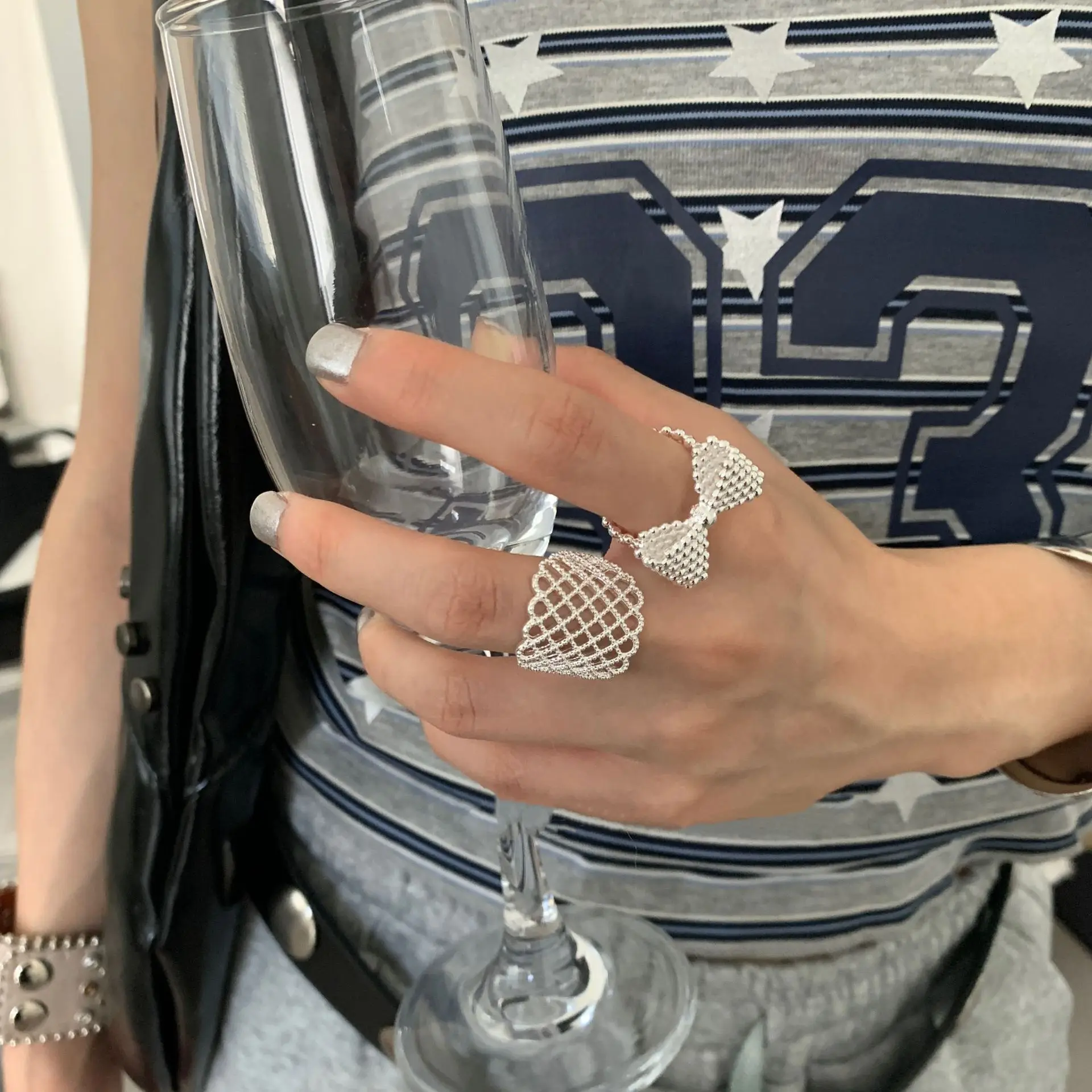 Sam Panda 925 Sterling Silver Sweet Cool Grid Ring For Women Simple Geometric Bow Versatile Jewelry Party Gift Dropshipping