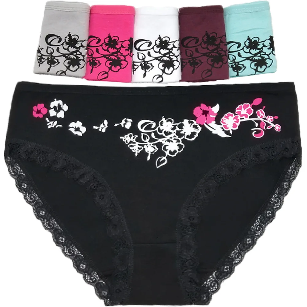 Plus Size Women Panties Cotton Mid Waist Briefs Sexy Lace Underwear Ladies Knickers Intimates Female Lingerie Print 6 Pcs/set