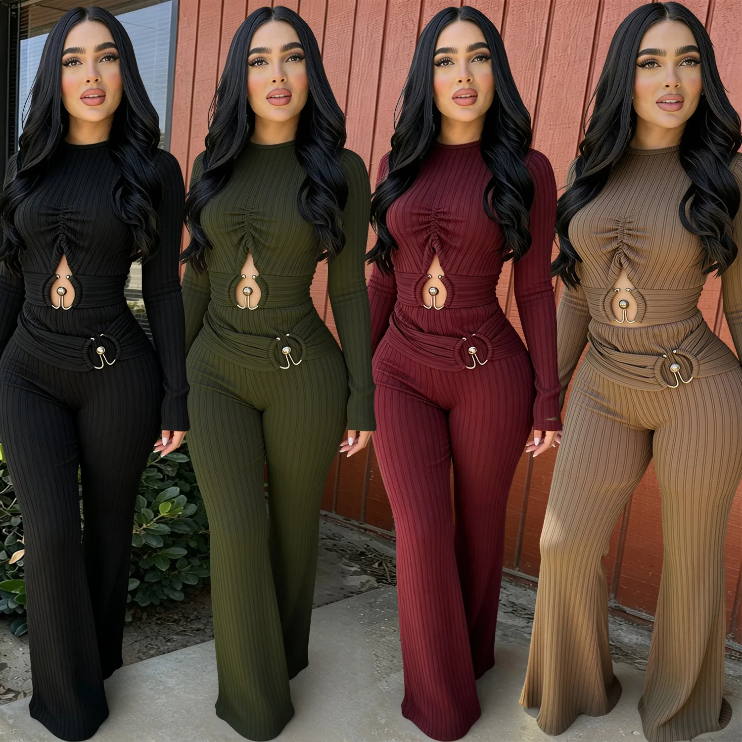 C78062026 New Women's Ribbed Hollow Long-sleeve High-waisted Flared Wide-leg Random Work Jumpsuit Maxi Beach Robe