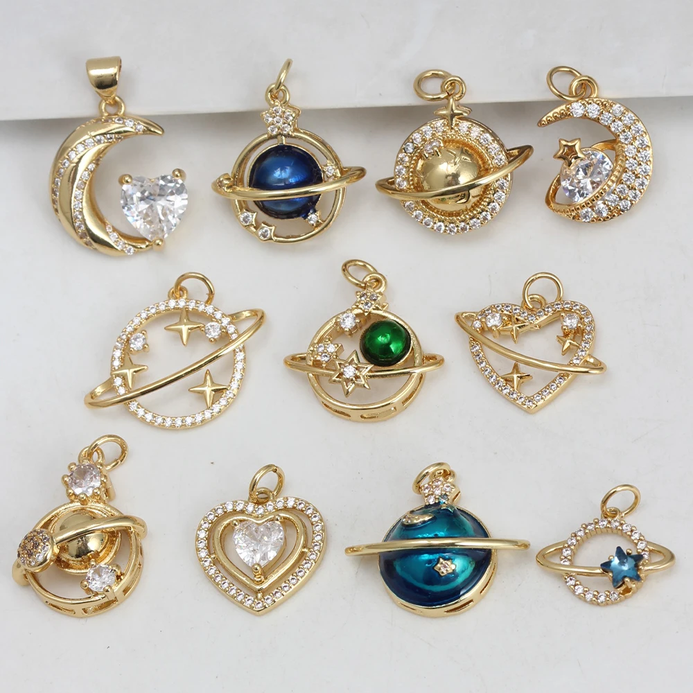 Copper Galaxy Planet Charms High Quality 18K Gold Plated Clear Cubic Zirconia Charms Pendants for DIY Necklace Earrings Bracelet image 2