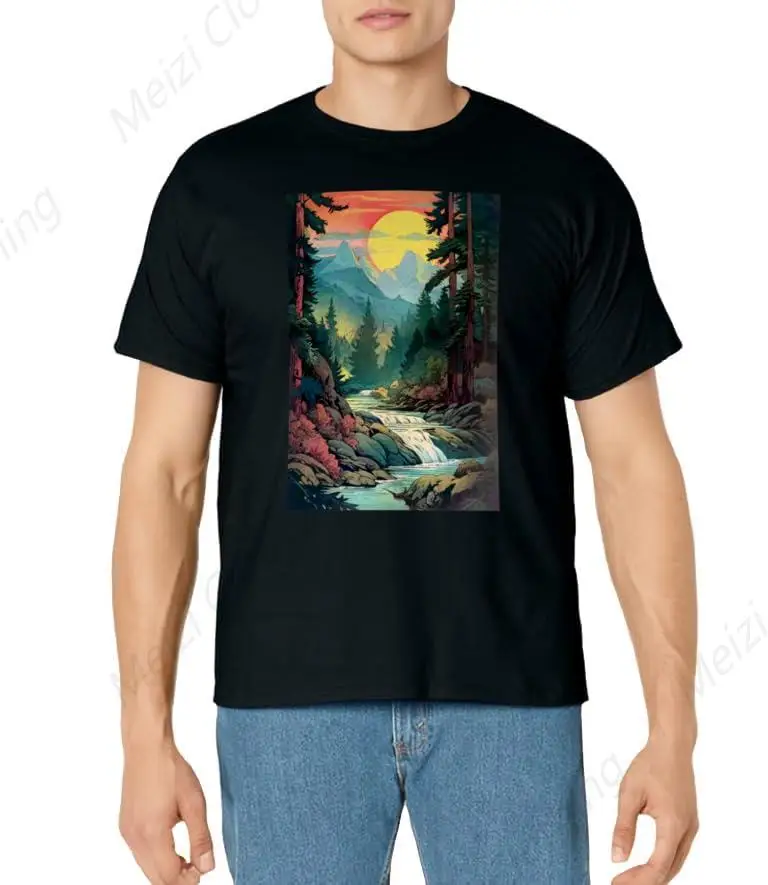 Shanshu River Waterfall Forest Natural Scenery Men's T-shirt Outdoor Hiking Men's Fashion Cotton Short Sleeve