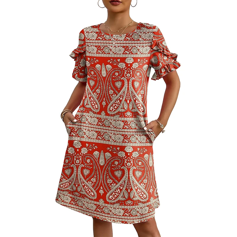 ชุดเดรสยาวสไตล์โบฮีเมียนลำลอง แขนระบาย ลายดอกไม้สดใส มีกระเป๋า ทรงหลวม ใส่สบาย เหมาะสำหรับฤดูร้อนและชายหาด