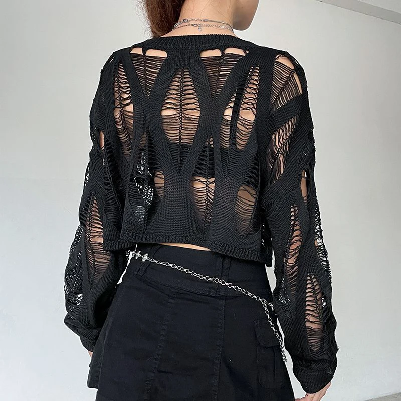 Black Knitted Smock Women Fashion High Street Hollow Irregular Harajuku Y2K Pullover Chic Gothic Style Long Sleeve Dances Tops