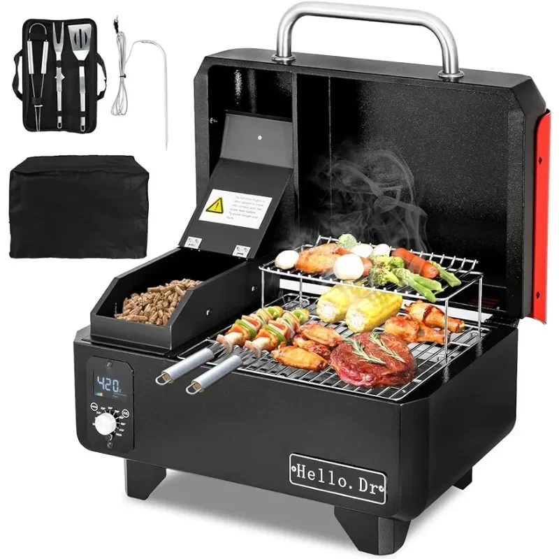 Portable Wood Pellet Grill and Smoker,Electric Outdoor 8 in 1 Tabletop Grills for RV Camping Tailgating RV Cooking BBQ