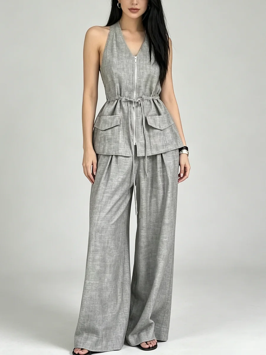 

LIMO Women's Linen 2-Piece Outfit Sleeveless Drawstring Waist Vest + Wide Leg Pants Casual Summer Set