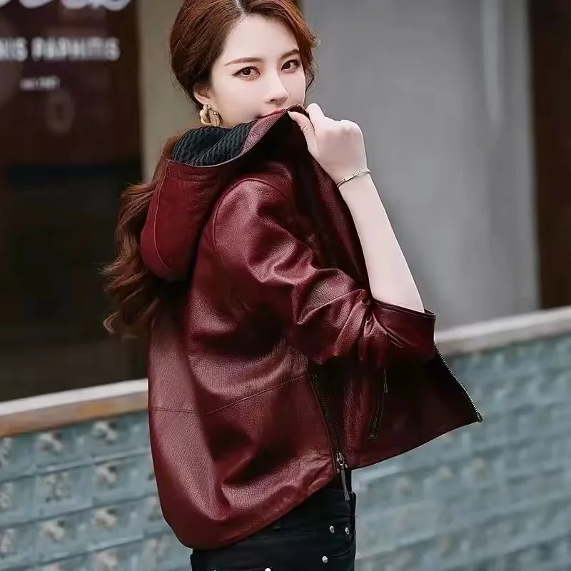 

Spring Autumn New High-quality Leather Coat Women's Short Hooded Outwear Plus Size Korean Overcoat Joker Leather Jacket Ladies