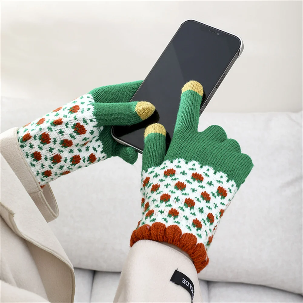 Thick Wool Winter Gloves Cute Colorful Flower Windproof Mitten Touchscreen Gloves Vintage Knitted Gloves for Girls