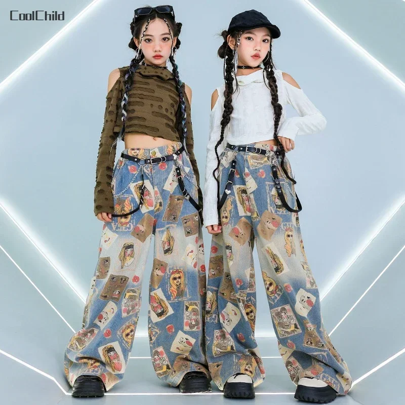 

Girls Hip Hop Crop Ripped Off Shoulder Hoodies Poker Jeans Kids Denim Pants Street Dance Clothes Sets Children K-pop Costumes