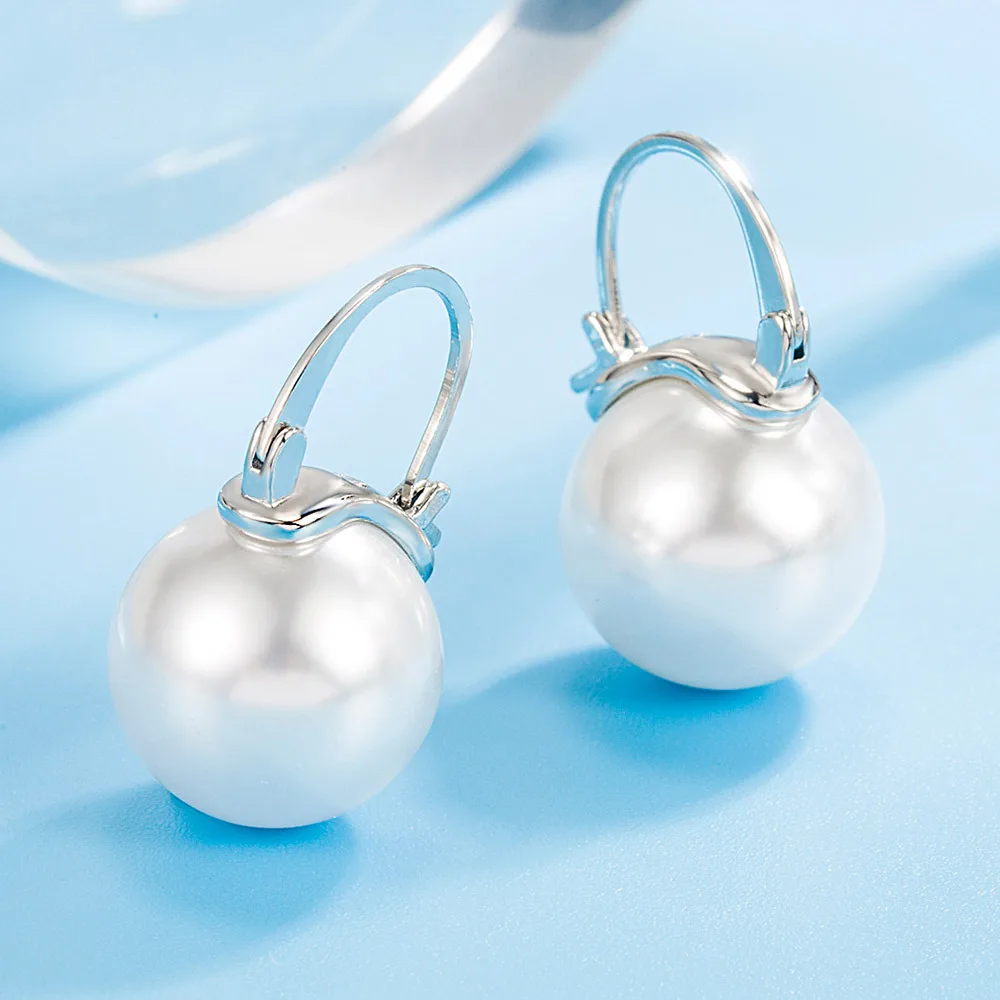 Elegance S925 Sterling Silver Earrings Round Ball White Pearl Pendientes Jewelry Classic Ear Brincos For Women Gifts