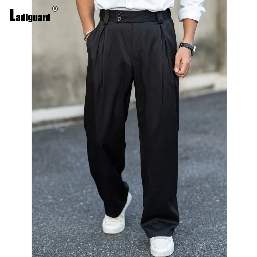 กางเกงขายาวทรงตรงสไตล์วินเทจสำหรับผู้ชายไซส์ใหญ่ Ladiguard สีเทาอ่อน ความยาวระดับข้อเท้า แฟชั่นคลาสสิก สไตล์เนเปิล กางเกงสูทพื้นฐาน รุ่นใหม่