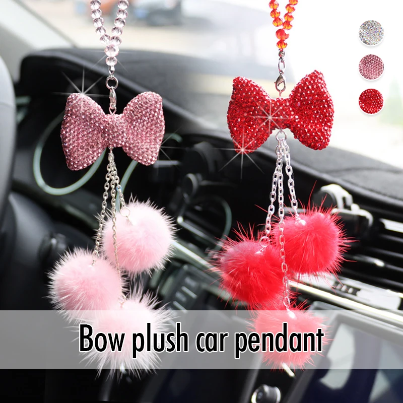 Diamond Bowknot Fashion Pendant Crystal Pompom Chain Car Rearview Mirror Hanging Ornament Christmas Gift Women\'s Car Accessories