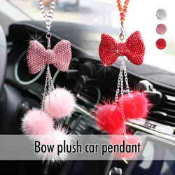 Diamond Bowknot Fashion Pendant Crystal Pompom Chain Car Rearview Mirror Hanging Ornament Christmas Gift Women's Car Accessories