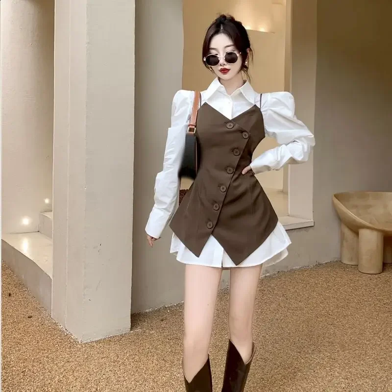 

Womens Suit Waistcoat Autumn Irregular Vest Jacket Mid-length Design Niche Temperament Long Sleeve Shirt 2 Piece Sets