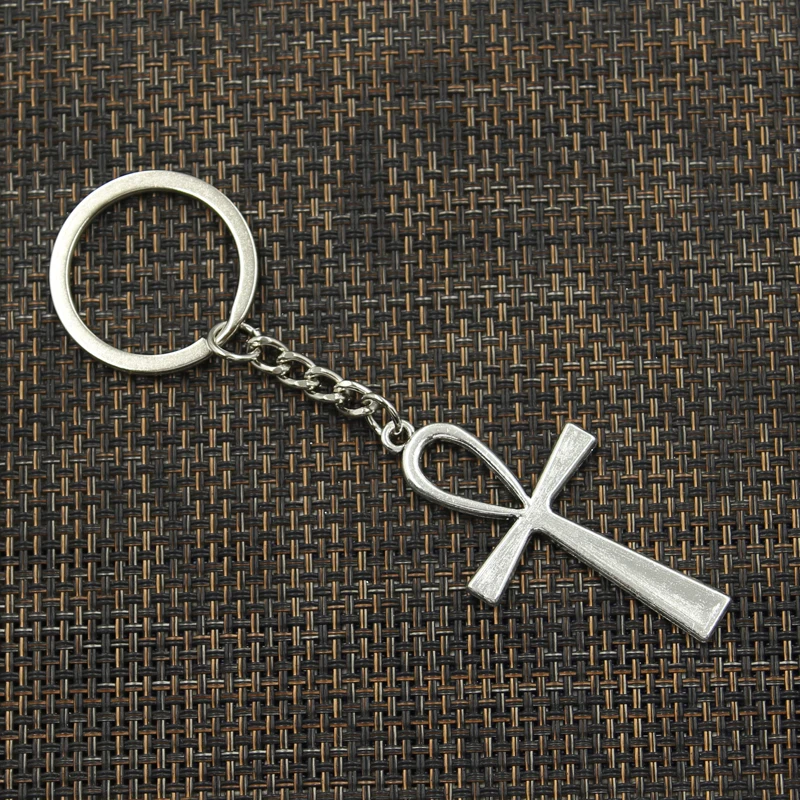 Fashion 30mm Key Ring Metal Key Chain Keychain Jewelry Antique Bronze Silver Color Cross Egyptian Ankh Life 52x28mm Pendant