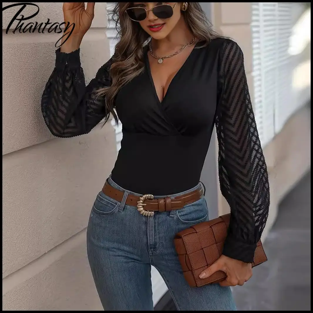 เสื้อชีฟองแขนยาวทรงบับเบิ้ล ดีไซน์หรูหราทันสมัย สำหรับสุภาพสตรี ฤดูใบไม้ผลิ คอวีลึก สีพื้น เหมาะสำหรับใส่ทำงานหรือออกงาน