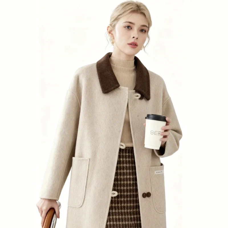 

Women's 2025 A/W New High-end Korean Double-Faced Cashmere Coat | Contrast Patchwork Collar Woolen Outerwear