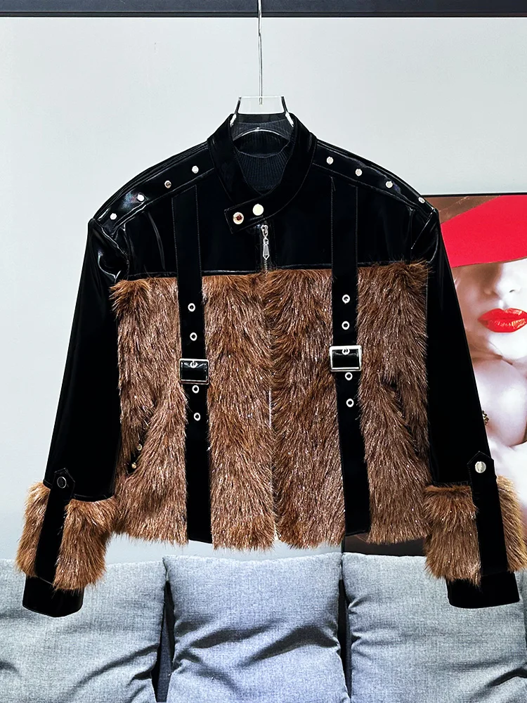 Male 2024 Autumn Winter New Retro Splicing Fluffy Shoulder Padded Jackets Faux Fur Small Fragrant Trendy Handsome Fur Jacket