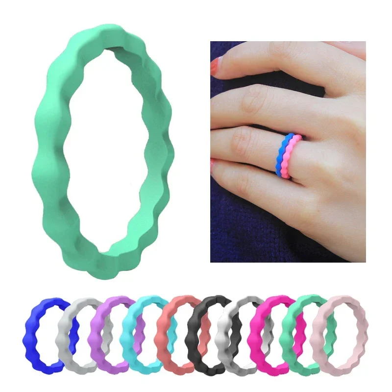 1pc Sports Silicone Rings Set for Women Waves Ripple Wedding Rubber Bands Hypoallergenic Flexible Finger Ring
