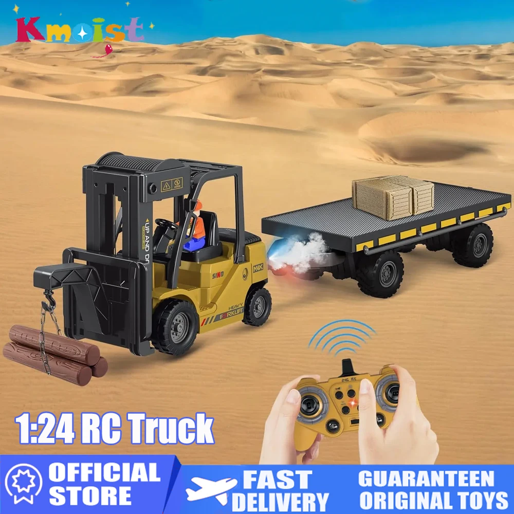 1/24 11CH 2.4G Remote Control Engineering Vehicle Flatbed Forklift Heavy Truck With Spray Light RC Trucks Construction Car Toys
