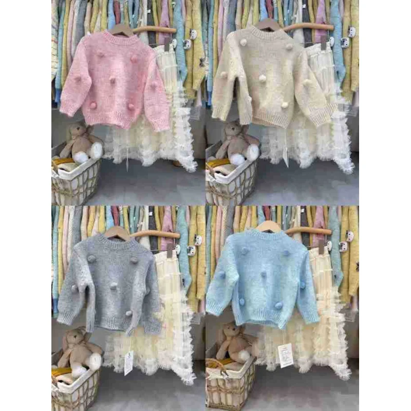 

2025New Girls' Sweater Children's Pink Pom-Pom Knitted Pullover Round Neck Autumn Winter Top Trendy