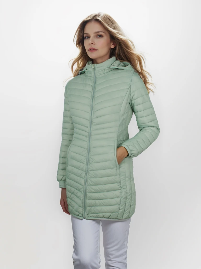 SANTELON Women Outdoor Windproof Warm Puffer Coat With Detachable Hood Lightweigh Smooth Long Outwear NOT Asian Size