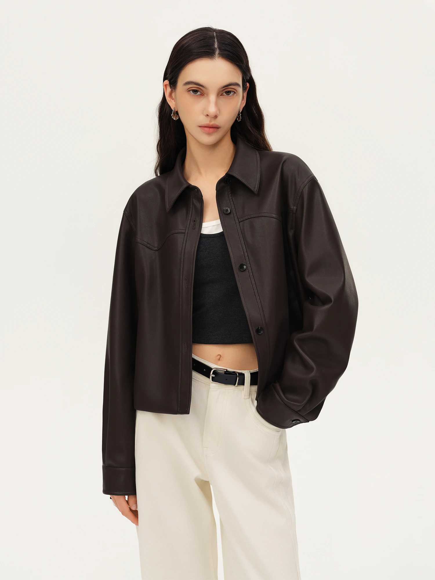 ZIQIAO Women's 2026 Autumn New Arrival VintageStyle Brown Black PU Leather Jacket Retro Stylish Outerwear Short Lenghth Coat