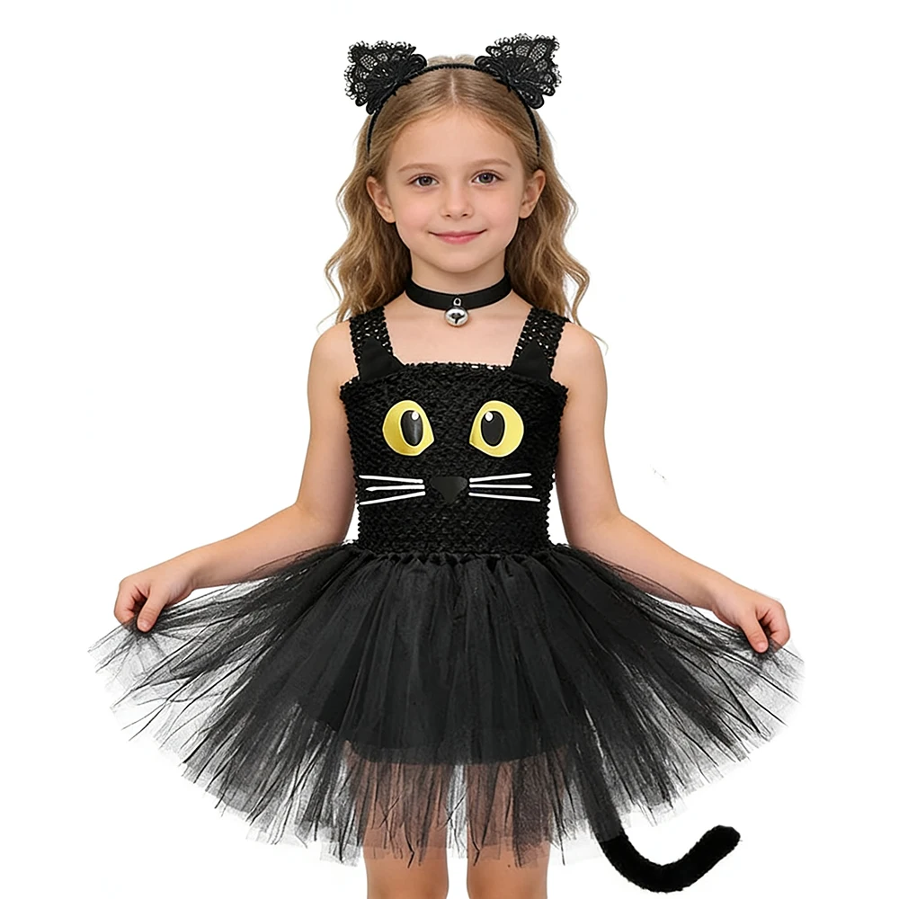 Girls Black Cat Tutu Dress Children Birthday Party Tulle Dresses Halloween Kitty Cosplay Costume for Kids Carniva Fancy Outfit