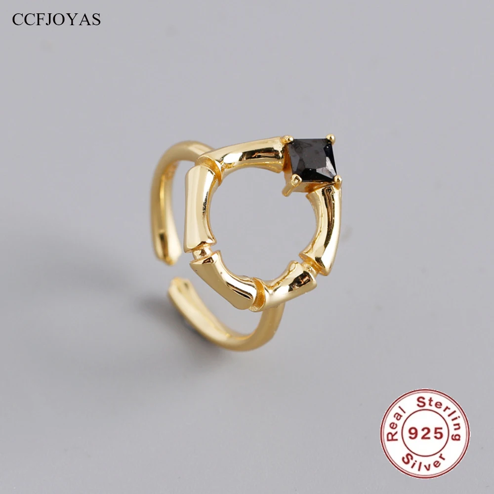 CCFJOYAS 100% 925 Sterling Silver Irregular Geometric Black Zircon Open Ring European and American Light Luxury Fine Jewelry