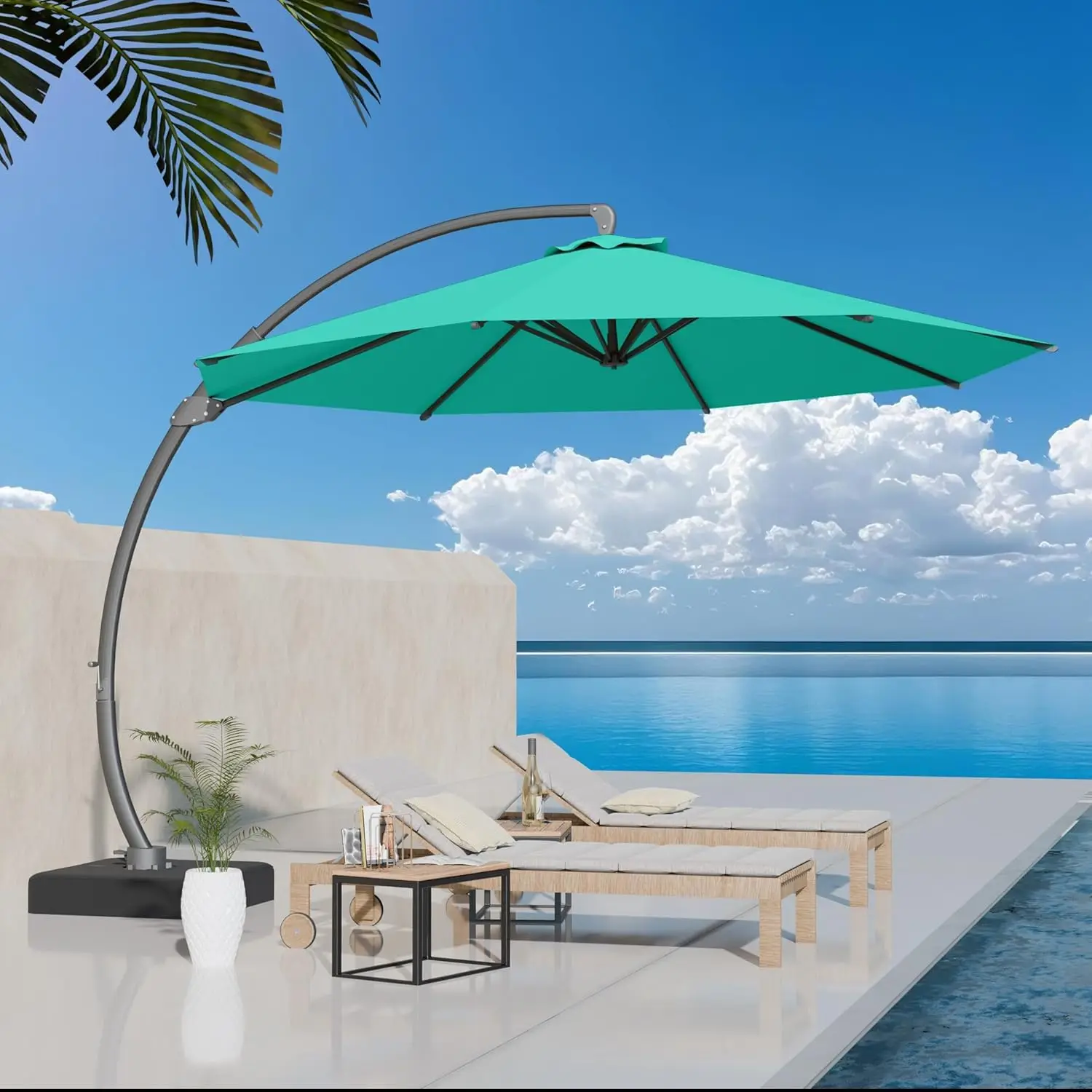 12ft Offset Cantilever Patio Umbrella w/ Base, Round Aluminum Outdoor Umbrella, 360° Rotation & Infinite Tilt,Customized