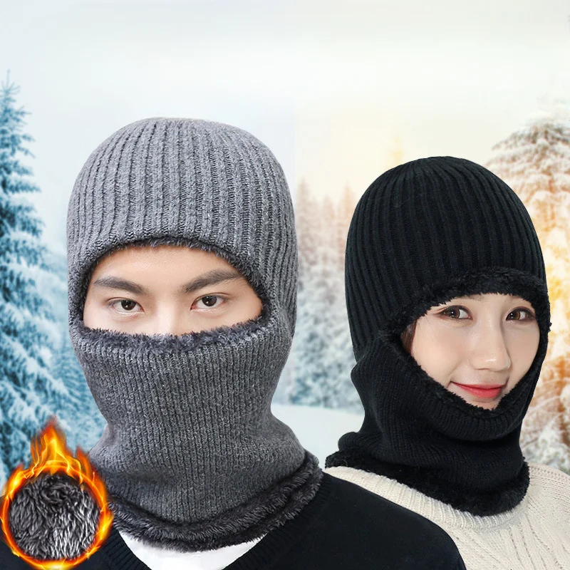 

Winter Warm Men's Scarf Hat Breathable Wool Knitted Beanies Coral Fleece Balaclava Hats for Women Double Layers Protection Cap