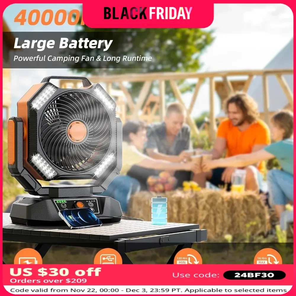 Fans, Battery Operated Portable Tent Fan with LED Light, Remote Control, Hook, 270°Pivot, Stepless Speed-Ideal for Camping, Fans