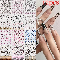12pcs Brown Leopard 3D Nail Art Stickers Mix Pink Blue Leopard Bow Cat's Paw Nail Decals Winter Press On Nails Decoration Slider