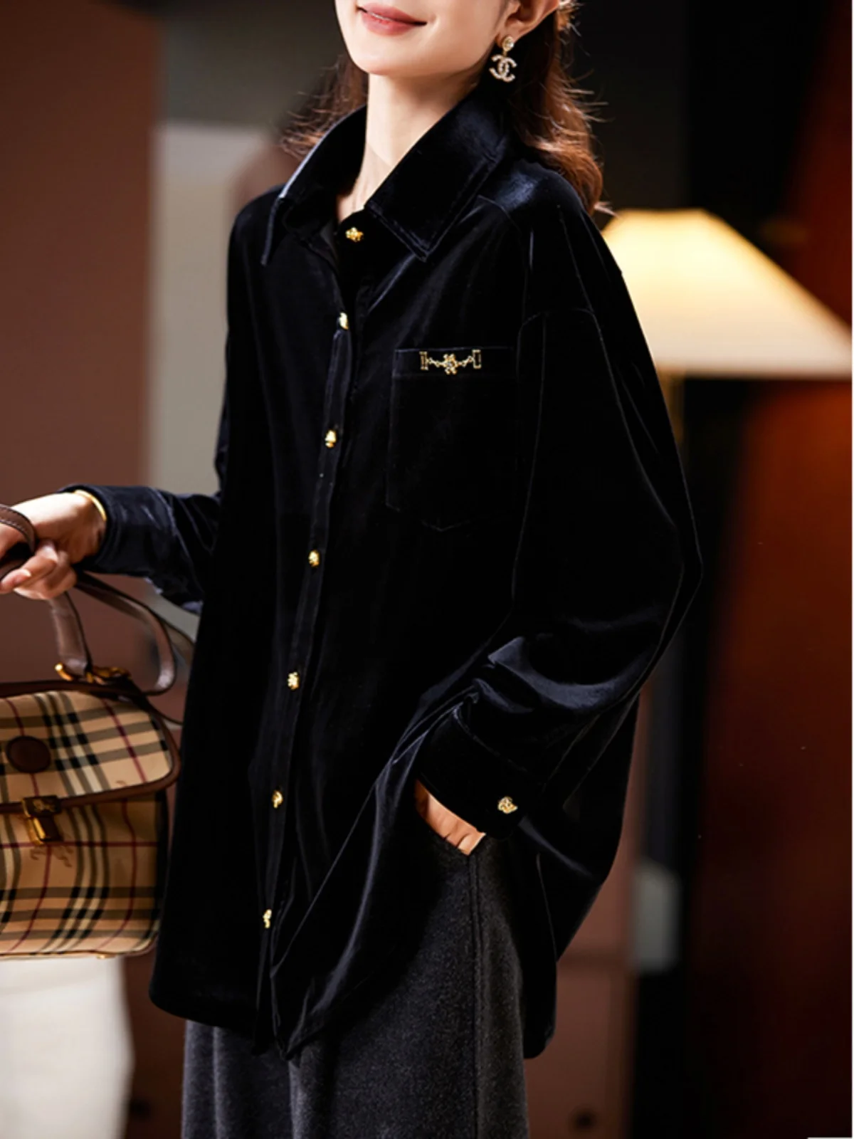 Ele Velvet irt Women's Autumn Winter New Faion Patchwork  Collar Long Sve Mid-Length Korean Sle Polyester