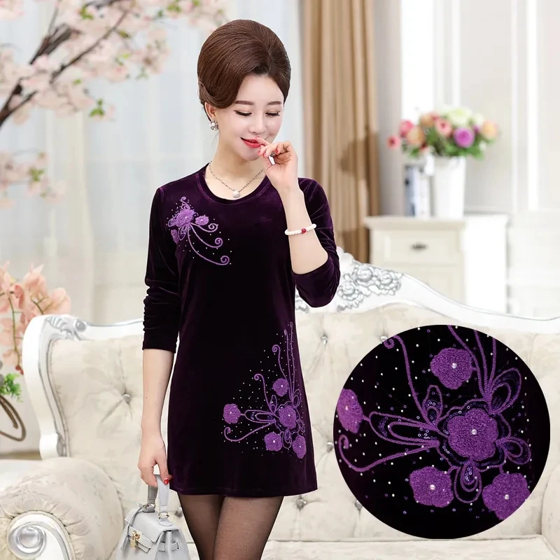 

5XL Women's Gold Velvet Dress Spring Autumn Long-Sleeved Embroidered Dress Middle Aged Mother Elegant Dress Vestidos Large Size