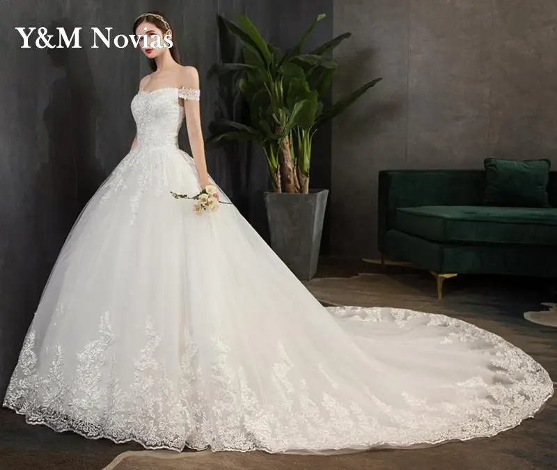 

Y&M New Arrival Sweet Elegant Princess Luxury Lace off Shoulder Wedding Dress Appliques Celebrity Ball Gown vestido De Noiva