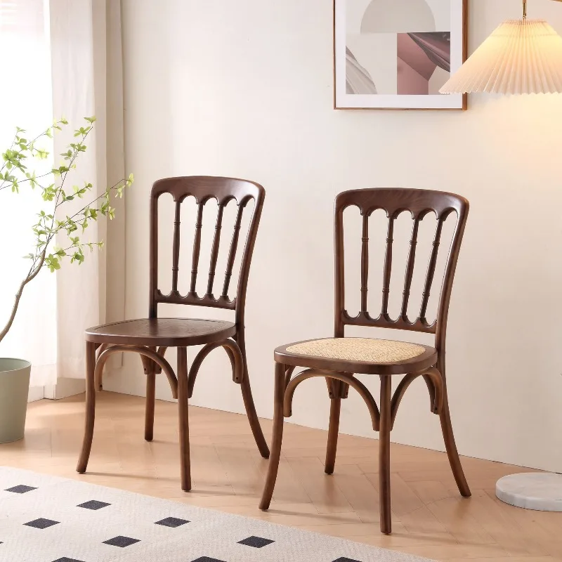 ‌Vintage Dining Chair Solid Wood Backrest Seat with Rattan Seat Breathable Restaurant Chair Multi-functional Castle Style Chair
