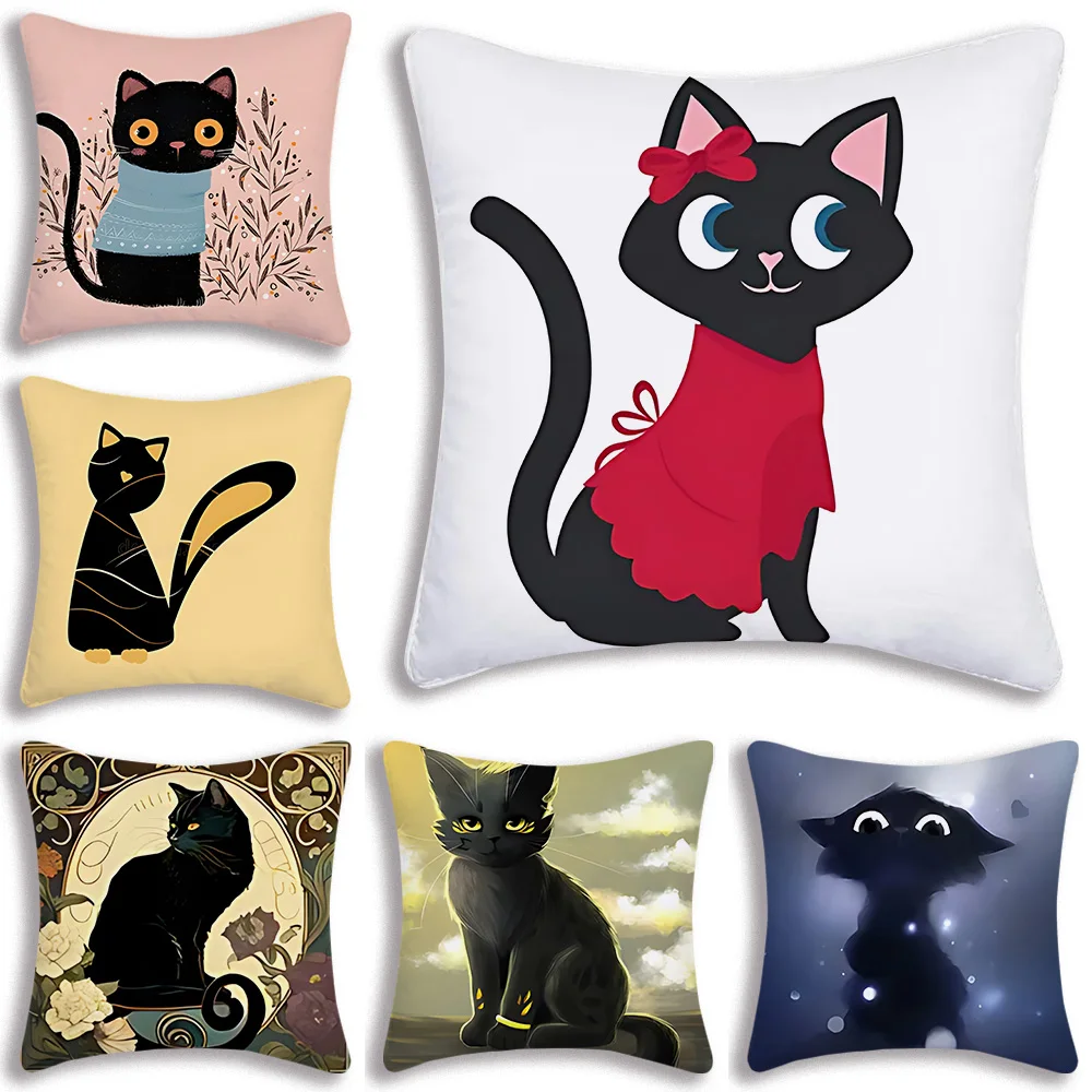 Retro black cat cartoon anime cat Kawaii Pillow Covers Sofa Decorative Home Double-sided Printing Short Plush Cute Cushion Cover