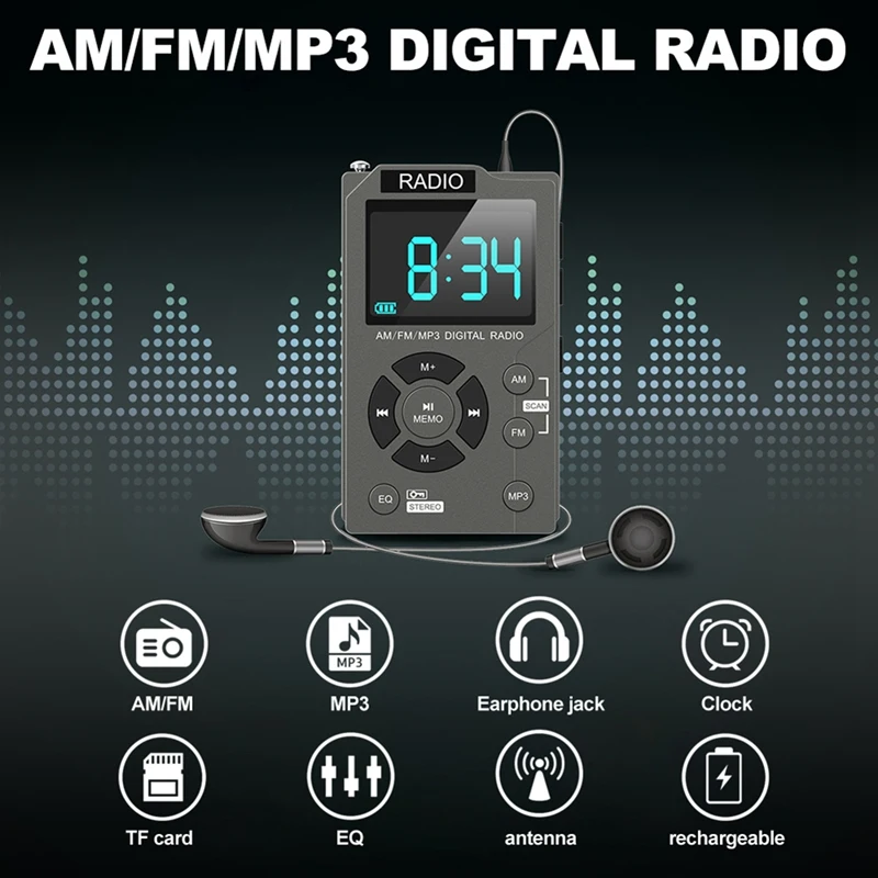 Portable Mini Radio Pocket AM FM Digital Radio Stereo Receiver Auto-Search Channel TF Card MP3 Music Player America Grey