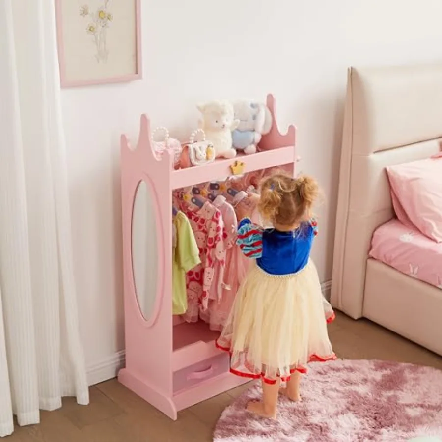 Pink Dress Up Storage Armoire with Full-Length Mirror and Non-Woven Drawers Open-Style Costume Closet with Adjustable Hanging R