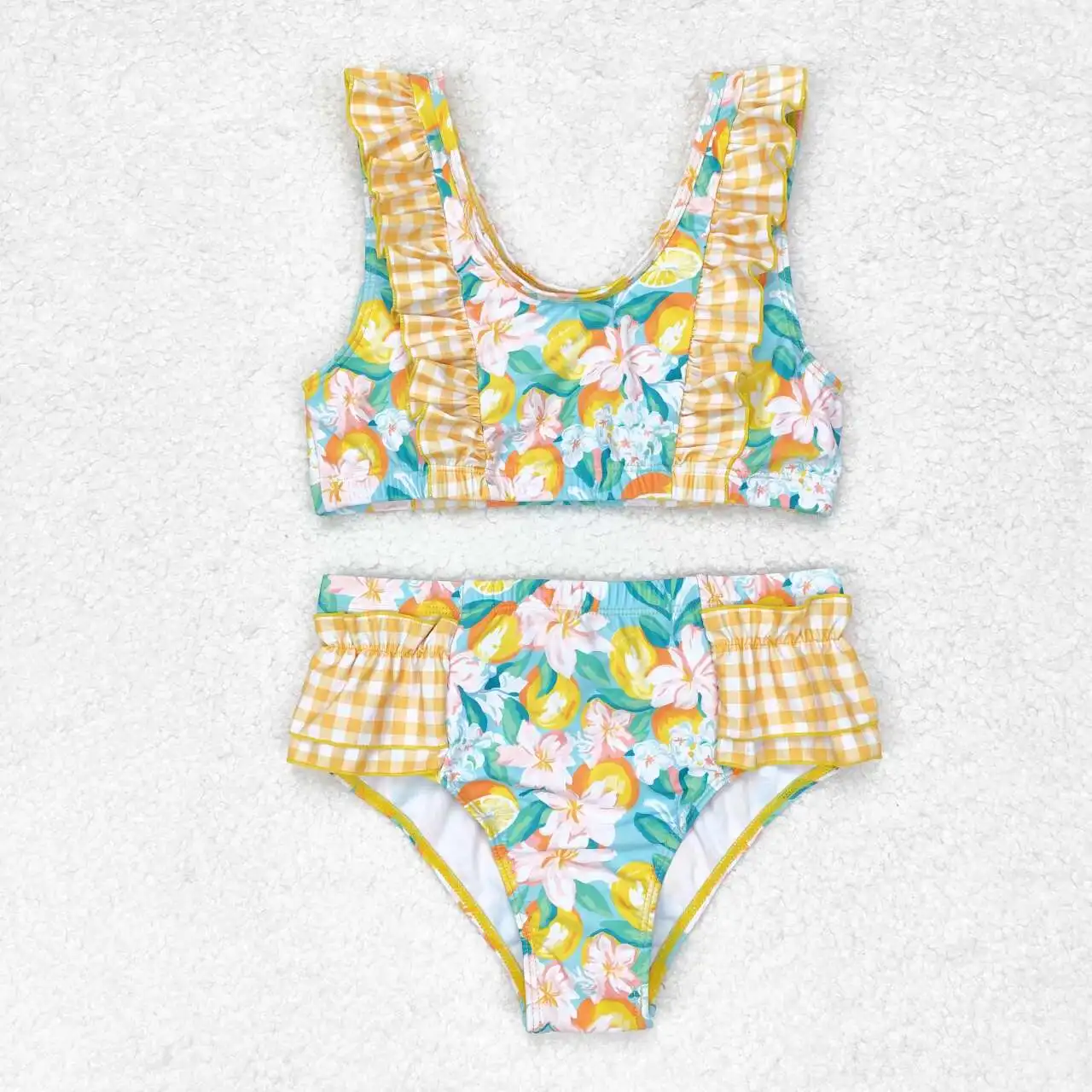 New Fashion Floral Orange And Yellow Plaid Blue Swimsuit Set Wholesale Children Clothes NO MOQ