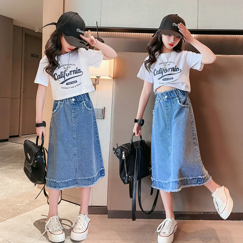 School Girls Denim Raw Edge Skirt Four Season High Waist Casual Midi Skirt for Children Fashion Pocket Teenage Kids Jeans 13 14Y